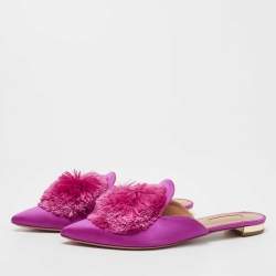 مملوكة مسبقًا Aquazzura Pink Satin Powder Puff Pom Pom Mules Size 38.5
