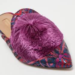 Pre Owned Aquazzura Pink/Blue Jacquard Puff Pom Pom Mules Size 38