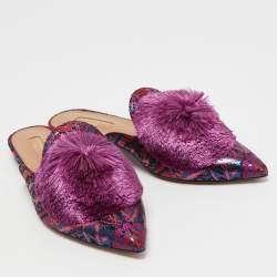 Pre Owned Aquazzura Pink/Blue Jacquard Puff Pom Pom Mules Size 38