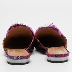 Pre Owned Aquazzura Pink/Blue Jacquard Puff Pom Pom Mules Size 38