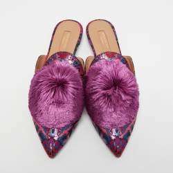 Pre Owned Aquazzura Pink/Blue Jacquard Puff Pom Pom Mules Size 38
