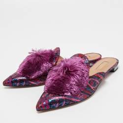Pre Owned Aquazzura Pink/Blue Jacquard Puff Pom Pom Mules Size 38