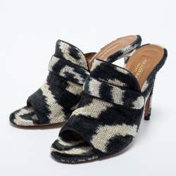 Pre Owned Aquazzura White and Black Corduroy Slide Sandals Size 40