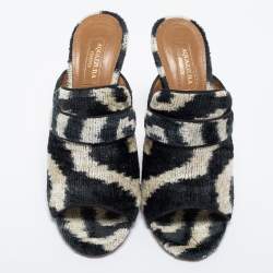 Pre Owned Aquazzura White and Black Corduroy Slide Sandals Size 40