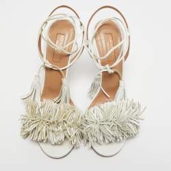 Pre Owned Aquazzura White Leather Fringes Ankle Strap Sandals Size 36.5