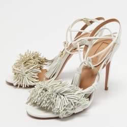 Pre Owned Aquazzura White Leather Fringes Ankle Strap Sandals Size 36.5