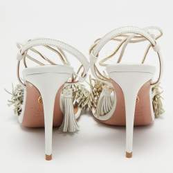 Pre Owned Aquazzura White Leather Fringes Ankle Strap Sandals Size 36.5