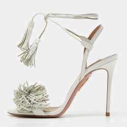 Pre Owned Aquazzura White Leather Fringes Ankle Strap Sandals Size 36.5