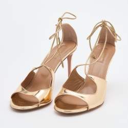Pre Owned Aquazzura Gold Leather Leather Sofia Open Toe Ankle Tie Sandals Size 39