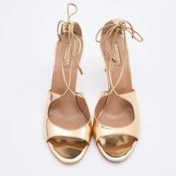 Pre Owned Aquazzura Gold Leather Leather Sofia Open Toe Ankle Tie Sandals Size 39