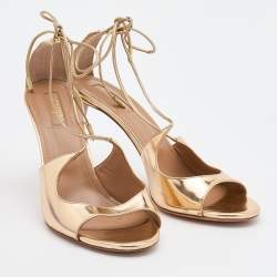 Pre Owned Aquazzura Gold Leather Leather Sofia Open Toe Ankle Tie Sandals Size 39