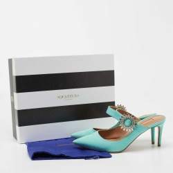 Pre Owned Aquazzura Green Canvas Crystal Embellished Blossom Pointed Toe Mules Size 38  