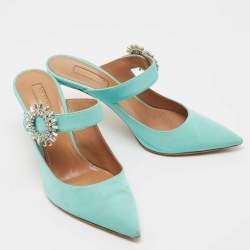 Pre Owned Aquazzura Green Canvas Crystal Embellished Blossom Pointed Toe Mules Size 38  