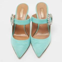 Pre Owned Aquazzura Green Canvas Crystal Embellished Blossom Pointed Toe Mules Size 38  