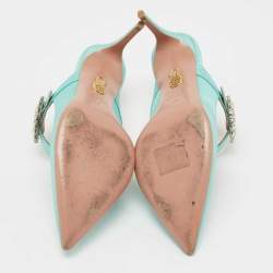 Pre Owned Aquazzura Green Canvas Crystal Embellished Blossom Pointed Toe Mules Size 38  