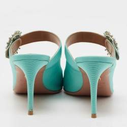 Pre Owned Aquazzura Green Canvas Crystal Embellished Blossom Pointed Toe Mules Size 38  