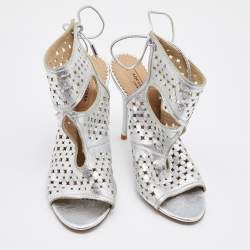 Pre Owned Aquazzura Silver Laser Cut Leather Sexy Thing Sandals Size 36.5
