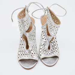 Pre Owned Aquazzura Silver Laser Cut Leather Sexy Thing Sandals Size 36.5