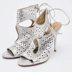 Pre Owned Aquazzura Silver Laser Cut Leather Sexy Thing Sandals Size 36.5