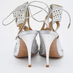 Pre Owned Aquazzura Silver Laser Cut Leather Sexy Thing Sandals Size 36.5