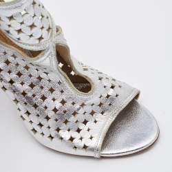Pre Owned Aquazzura Silver Laser Cut Leather Sexy Thing Sandals Size 36.5