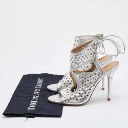 Pre Owned Aquazzura Silver Laser Cut Leather Sexy Thing Sandals Size 36.5