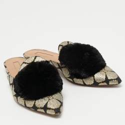Pre Owned Aquazzura Black Brocade Fabric Powder Puff Pom Pom Flat Mules Size 39