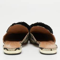 Pre Owned Aquazzura Black Brocade Fabric Powder Puff Pom Pom Flat Mules Size 39