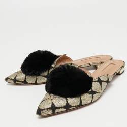 Pre Owned Aquazzura Black Brocade Fabric Powder Puff Pom Pom Flat Mules Size 39
