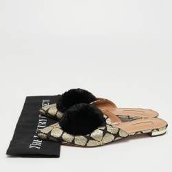 Pre Owned Aquazzura Black Brocade Fabric Powder Puff Pom Pom Flat Mules Size 39