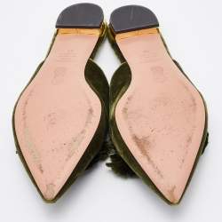 Pre Owned Aquazzura Green Velvet Powder Puff Pom Pom Flat Mules Size 40