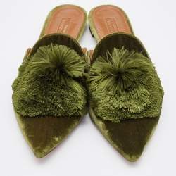 Pre Owned Aquazzura Green Velvet Powder Puff Pom Pom Flat Mules Size 40
