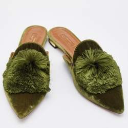 Pre Owned Aquazzura Green Velvet Powder Puff Pom Pom Flat Mules Size 40