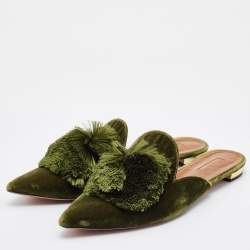 Aquazzura Green Velvet Powder Puff Pom Pom Flat Mules Size 40