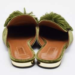 Pre Owned Aquazzura Green Velvet Powder Puff Pom Pom Flat Mules Size 40