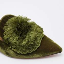 Pre Owned Aquazzura Green Velvet Powder Puff Pom Pom Flat Mules Size 40