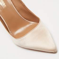 Pre Owned Aquazzura Beige Satin Forever Marilyn Cut Out Tassel Detail Pumps Size 38.5