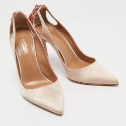 Pre Owned Aquazzura Beige Satin Forever Marilyn Cut Out Tassel Detail Pumps Size 38.5
