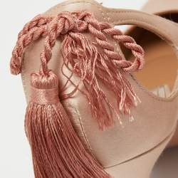 Pre Owned Aquazzura Beige Satin Forever Marilyn Cut Out Tassel Detail Pumps Size 38.5