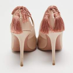 Pre Owned Aquazzura Beige Satin Forever Marilyn Cut Out Tassel Detail Pumps Size 38.5