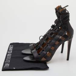 Pre Owned Aquazzura Black Leather Amazon Open Toe Lace Up Sandals Size 36.5