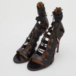 Pre Owned Aquazzura Black Leather Amazon Open Toe Lace Up Sandals Size 36.5
