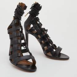 Pre Owned Aquazzura Black Leather Amazon Open Toe Lace Up Sandals Size 36.5