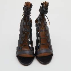 Pre Owned Aquazzura Black Leather Amazon Open Toe Lace Up Sandals Size 36.5