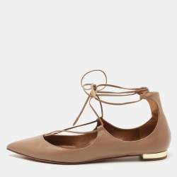 Pre Owned Aquazzura Beige Leather Christy Ankle Tie Ballet Flats Size 38.5