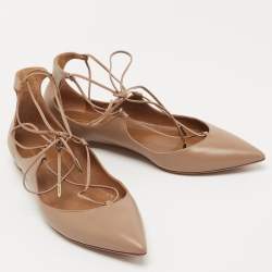 Pre Owned Aquazzura Beige Leather Christy Ankle Tie Ballet Flats Size 38.5