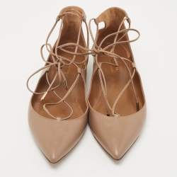 Pre Owned Aquazzura Beige Leather Christy Ankle Tie Ballet Flats Size 38.5