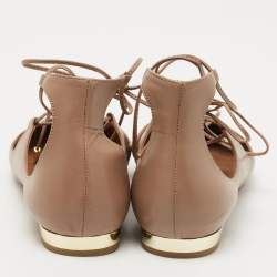 Pre Owned Aquazzura Beige Leather Christy Ankle Tie Ballet Flats Size 38.5