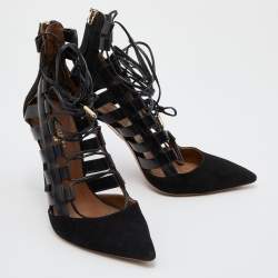 Aquazzura Black Suede and Leather Amazon Ankle Wrap Pumps Size 36.5