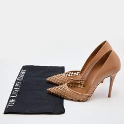 Pre Owned Aquazzura Beige Leather and Mesh Studded Pointed Toe Pumps Size 36